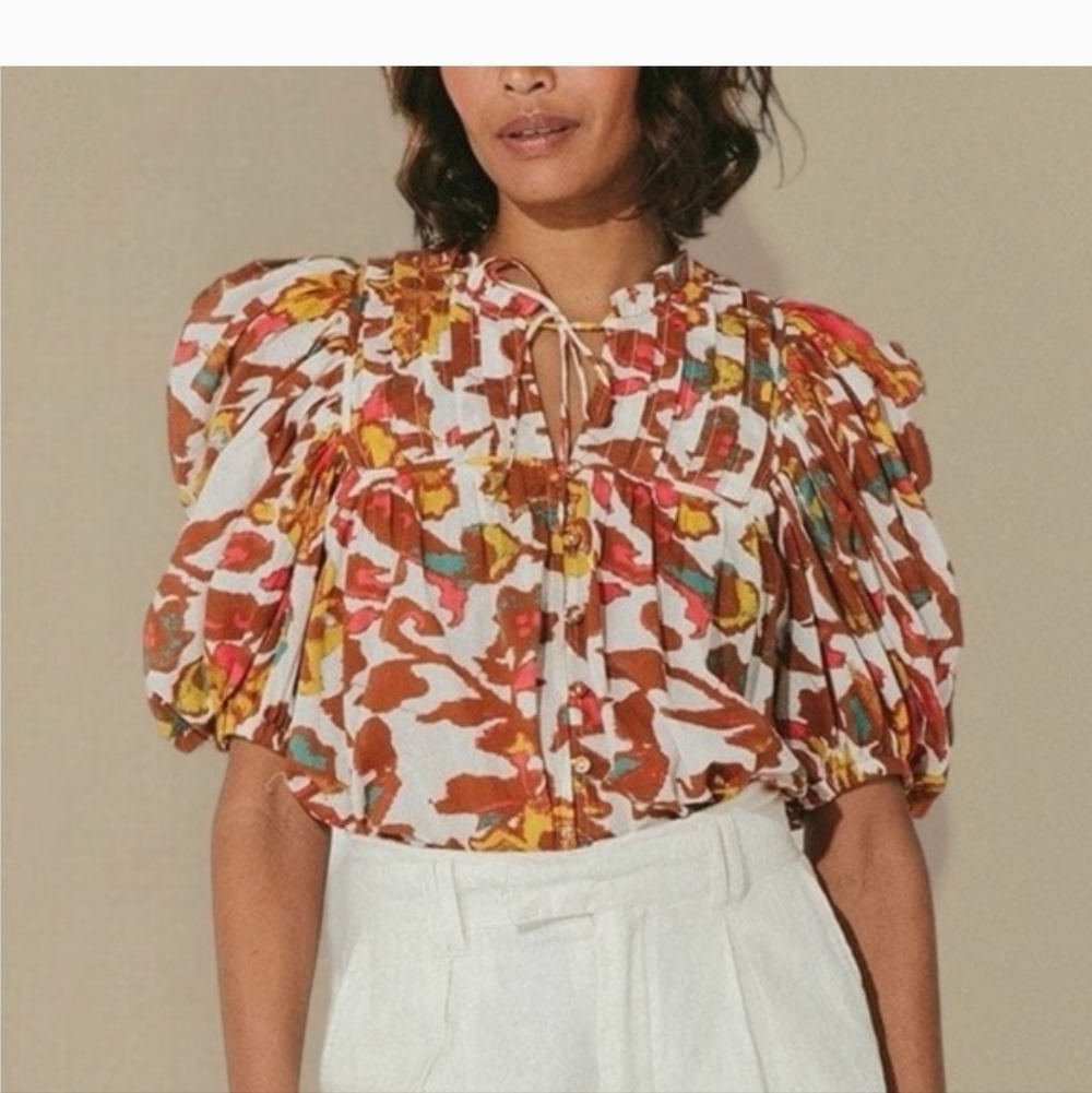 Cleobella Multicolor Floral Puff-Sleeve Peasant Blouse - Picture 2 of 10